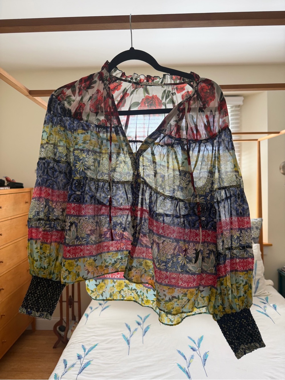 Alice + Olivia Sheer Multi-Color Floral Peasant Blouse